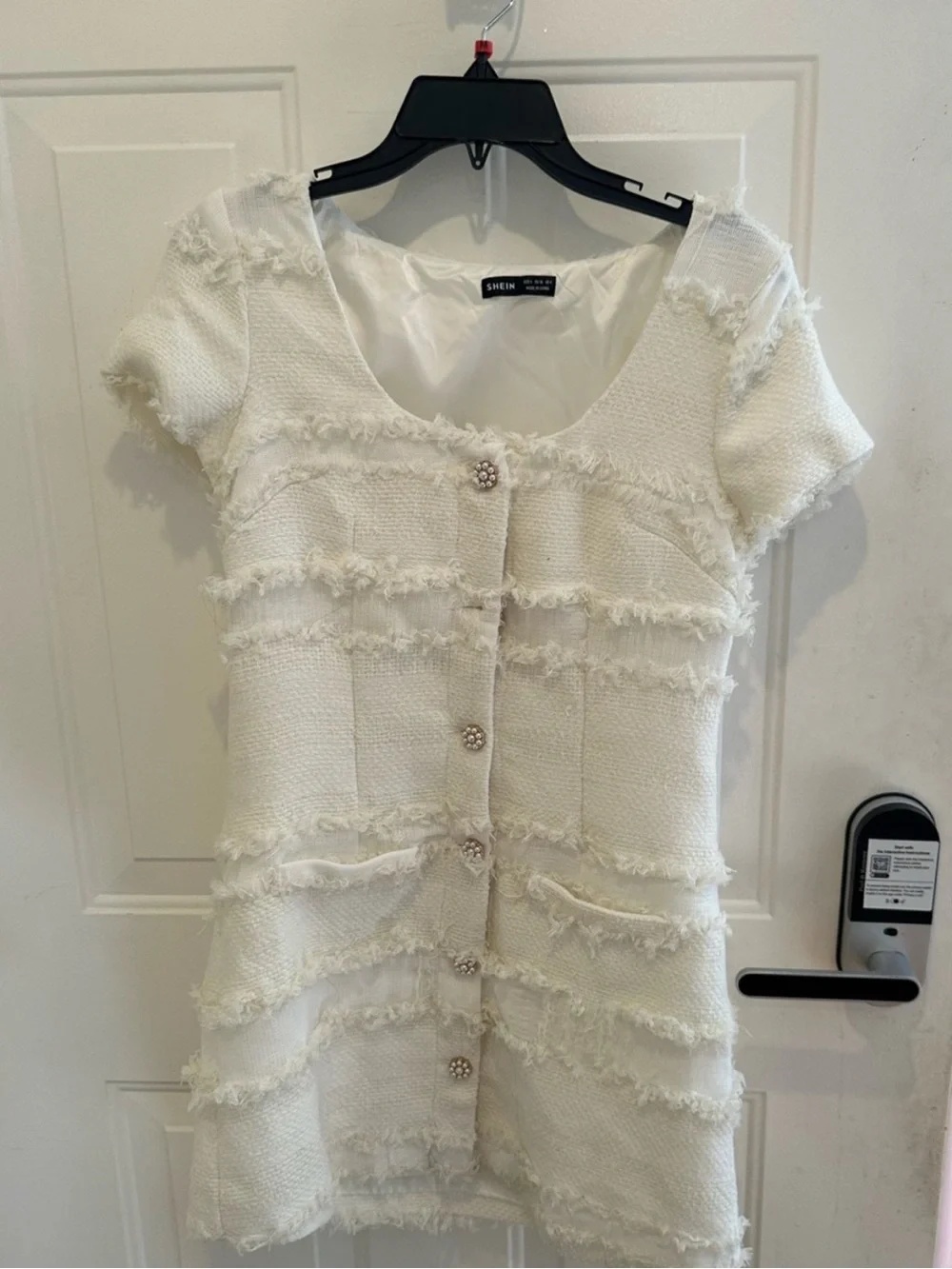 SHEIN Cream Short-Sleeve Tweed Fringe Button Jacket
